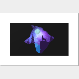 Howling at the moon, wolf head silhouette Posters and Art